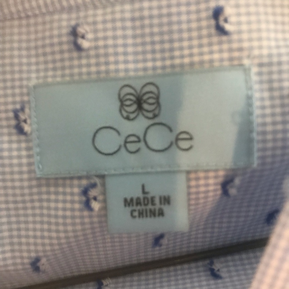 Cece Blue Mini Check Bubble Sleeve Blouse L NEW - Picture 2 of 5